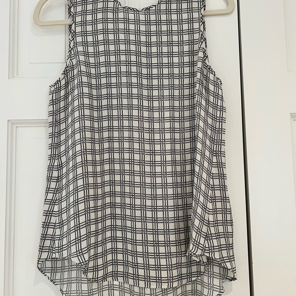 Theory Black and White Silk Plaid Tunic Blouse